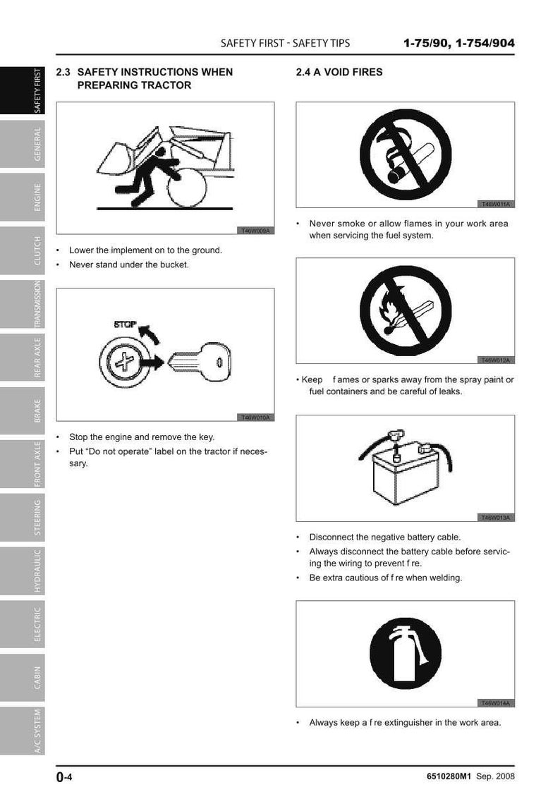 May include: Safety instructions and fire safety tips for tractor maintenance. Includes illustrations and text warnings about avoiding flames, disconnecting the battery, and using a fire extinguisher. Text includes "Safety First" and "Do not operate".