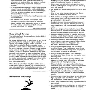May include: A page from a safety manual with safety instructions for operating and maintaining machinery. The text includes warnings about inspecting the machine, using a spark arrestor, and proper storage procedures. The page has a black and white illustration of a person.