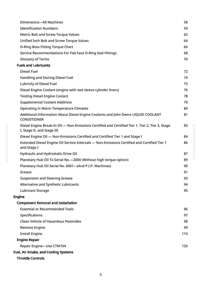Puede incluir: Una p&aacute;gina de manual con un &iacute;ndice detallado. Los t&iacute;tulos incluyen "Combustibles y lubricantes", "Motor" y "Reparaci&oacute;n del motor". Los n&uacute;meros de p&aacute;gina est&aacute;n a la derecha.