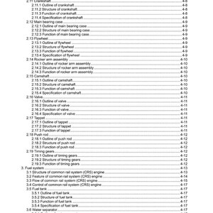 May include: A detailed technical document with a table of contents, outlining various engine components and their functions. The document includes sections on the crankshaft, flywheel, and fuel system, with page numbers for easy reference.