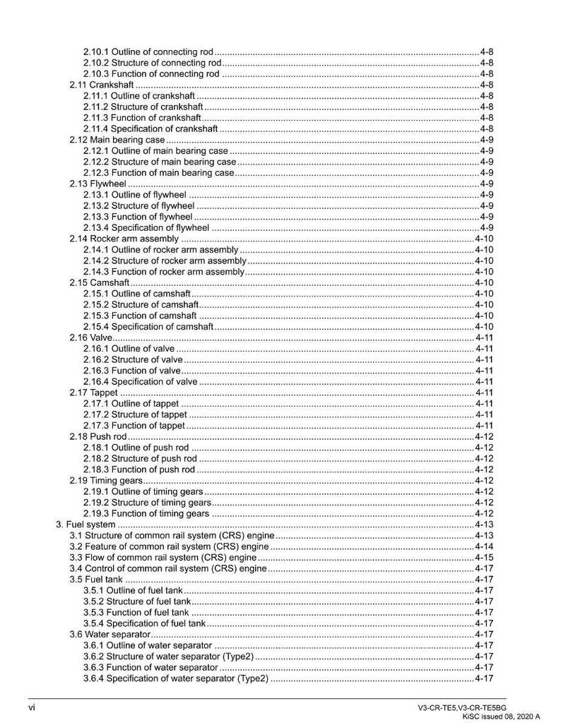 May include: A detailed technical document with a table of contents, outlining various engine components and their functions. The document includes sections on the crankshaft, flywheel, and fuel system, with page numbers for easy reference.