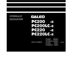 May include: Shop Manual for Hydraulic Excavator models PC200, PC200LC-8, PC220, and PC220LC-8. Includes serial number information. The Komatsu logo is at the bottom.