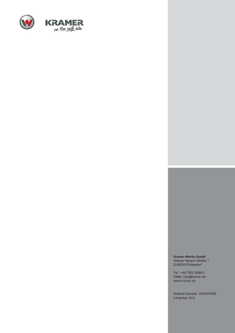 May include: The Kramer logo and the text "KRAMER on the safe side" are displayed in black. The background is split between white and grey panels. Contact details for Kramer-Werke GmbH are visible at the bottom.