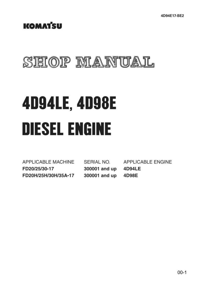 Puede incluir: Una portada de manual de taller blanca con el logotipo de Komatsu. El texto dice "SHOP MANUAL" y "4D94LE, 4D98E DIESEL ENGINE". Se enumeran los detalles de las m&aacute;quinas y motores aplicables.