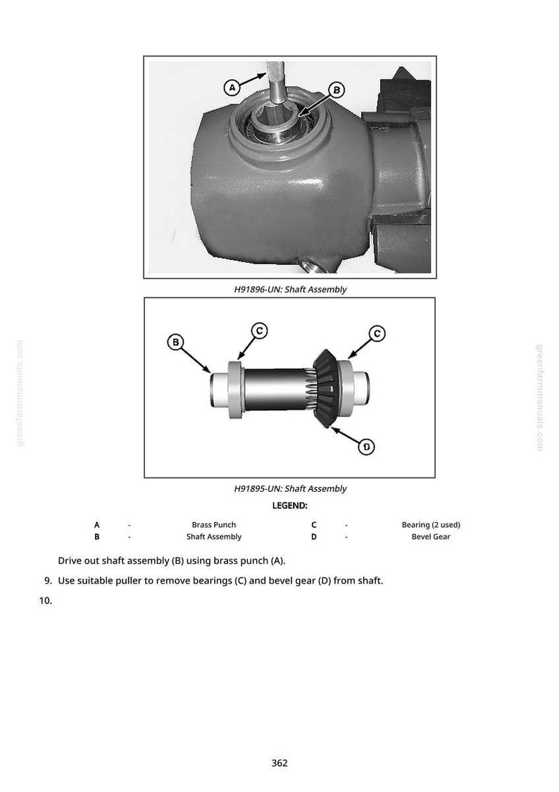 May include: Diagram of a shaft assembly with labeled components. Includes a brass punch, shaft assembly, bearings, and bevel gear. The image is a technical illustration with callouts and text for identification.