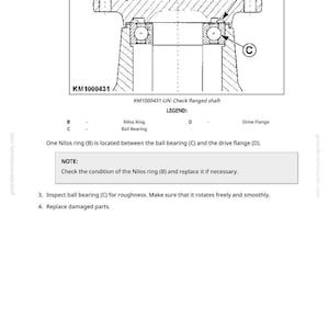 May include: Diagram of a flanged shaft with labeled components: Nilos ring, ball bearing, and drive flange. Text provides instructions for inspection and replacement of parts. The diagram is black and white.