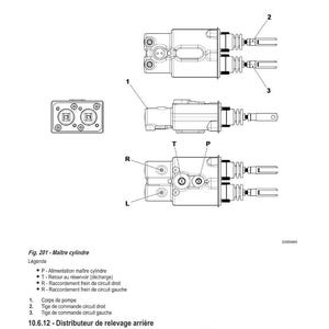 May include: Technical diagram of a master cylinder, featuring detailed illustrations of its components. The diagram includes labels and annotations, such as "P - Master cylinder supply" and "T - Return to reservoir (discharge)." The image is a technical drawing.