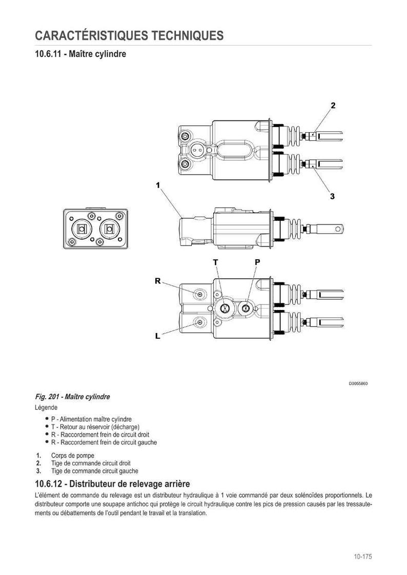 May include: Technical diagram of a master cylinder, featuring detailed illustrations of its components. The diagram includes labels and annotations, such as "P - Master cylinder supply" and "T - Return to reservoir (discharge)." The image is a technical drawing.