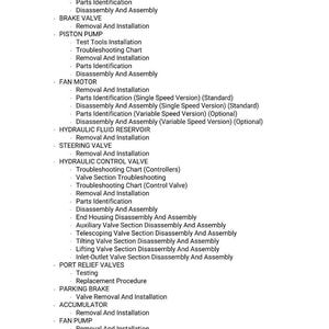 K&ouml;nnte beinhalten: Eine detaillierte Liste mechanischer Komponenten und Verfahren, einschlie&szlig;lich "Main Relief Valve", "Piston Pump" und "Hydraulic Control Valve". Der Text ist in einer serifenlosen Schriftart gehalten, mit Aufz&auml;hlungszeichen f&uuml;r Unterpunkte wie "Removal And Installation".
