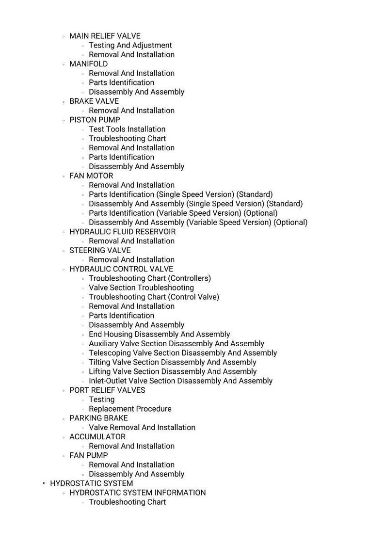 K&ouml;nnte beinhalten: Eine detaillierte Liste mechanischer Komponenten und Verfahren, einschlie&szlig;lich "Main Relief Valve", "Piston Pump" und "Hydraulic Control Valve". Der Text ist in einer serifenlosen Schriftart gehalten, mit Aufz&auml;hlungszeichen f&uuml;r Unterpunkte wie "Removal And Installation".