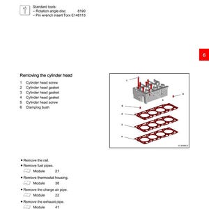 K&ouml;nnte beinhalten: Diagramm einer Zylinderkopf-Baugruppe mit Befestigungsteilen, einschlie&szlig;lich Schrauben, Dichtungen und einer Klemmbuchse. Das Bild enth&auml;lt eine Teileliste und Anweisungen.