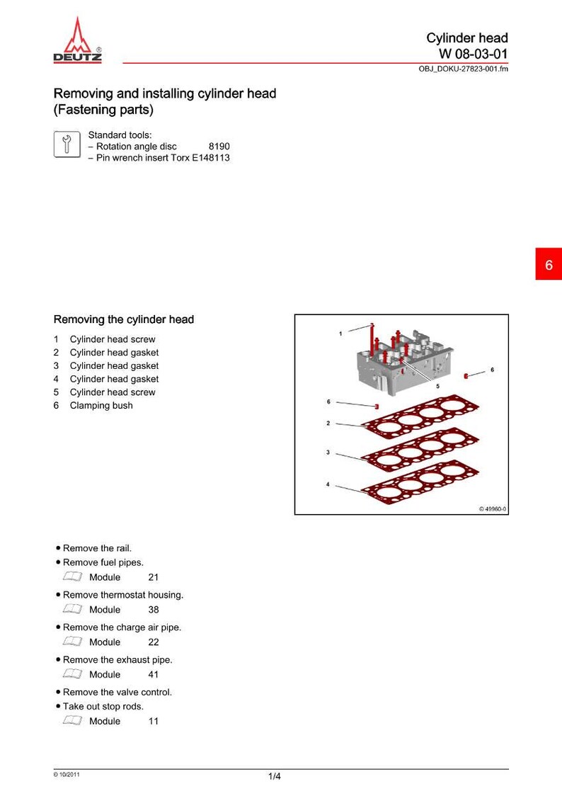 K&ouml;nnte beinhalten: Diagramm einer Zylinderkopf-Baugruppe mit Befestigungsteilen, einschlie&szlig;lich Schrauben, Dichtungen und einer Klemmbuchse. Das Bild enth&auml;lt eine Teileliste und Anweisungen.