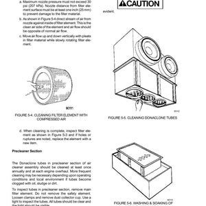 May include: Diagrams illustrating the cleaning and maintenance of air cleaner components. Includes instructions for cleaning filter elements with compressed air, cleaning Donaclone tubes, and washing the precleaner section. Features technical illustrations and safety warnings.