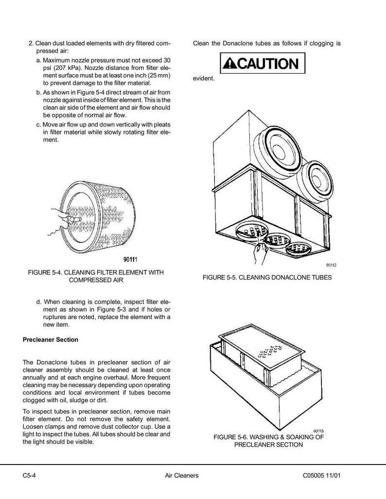 May include: Diagrams illustrating the cleaning and maintenance of air cleaner components. Includes instructions for cleaning filter elements with compressed air, cleaning Donaclone tubes, and washing the precleaner section. Features technical illustrations and safety warnings.
