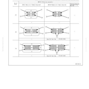 May include: Diagram of connector contact connection table with DRC12 and DRC16 series connectors. The image includes male and female pin configurations, with pin numbers and part numbers. Text includes "40 Troubleshooting" and "PC490LCI-11".