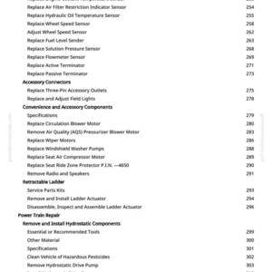 Puede incluir: Una p&aacute;gina de un manual de greenfarmmanuals.com, que enumera varios procedimientos de reparaci&oacute;n y mantenimiento de veh&iacute;culos. El texto incluye temas como sensores del motor, conectores de accesorios y reparaci&oacute;n del tren motriz, con n&uacute;meros de p&aacute;gina.