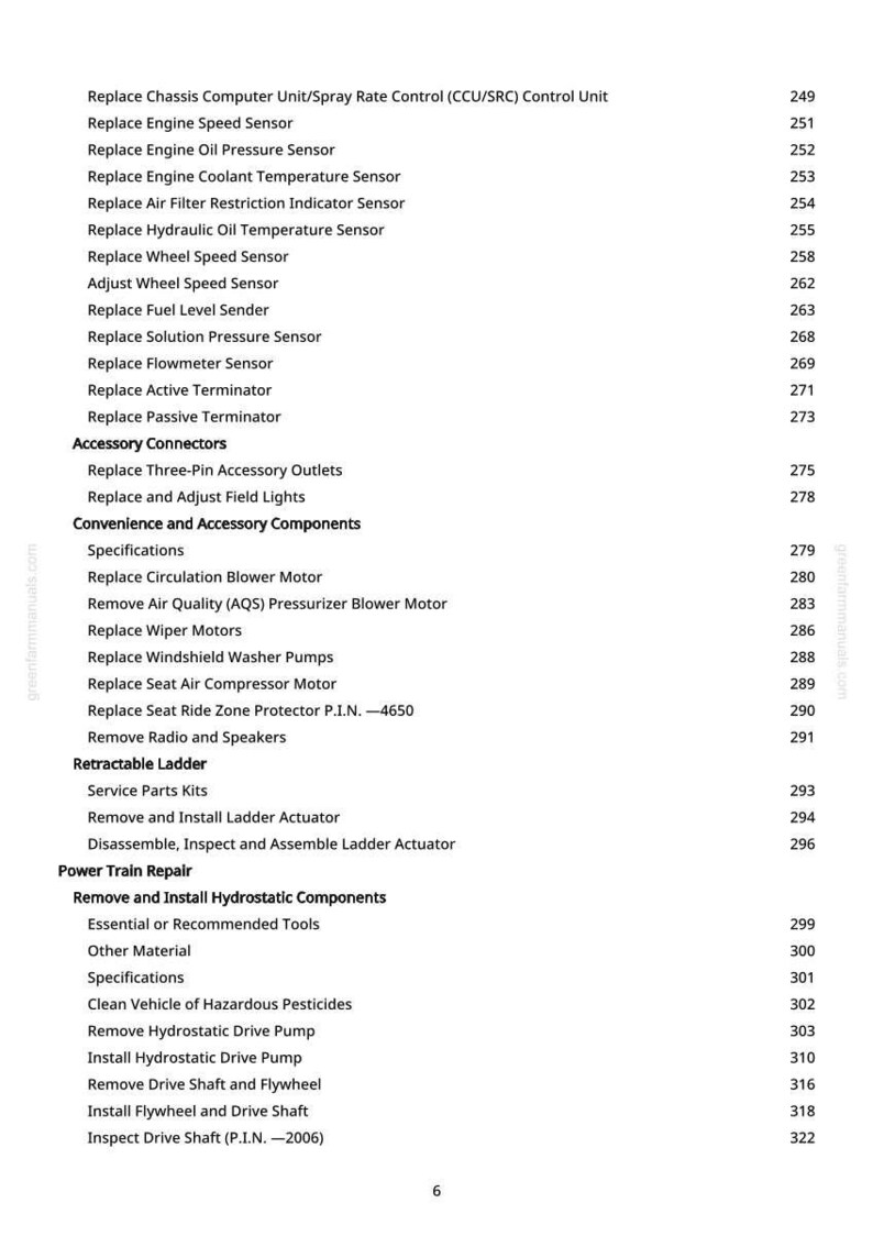 Puede incluir: Una p&aacute;gina de un manual de greenfarmmanuals.com, que enumera varios procedimientos de reparaci&oacute;n y mantenimiento de veh&iacute;culos. El texto incluye temas como sensores del motor, conectores de accesorios y reparaci&oacute;n del tren motriz, con n&uacute;meros de p&aacute;gina.