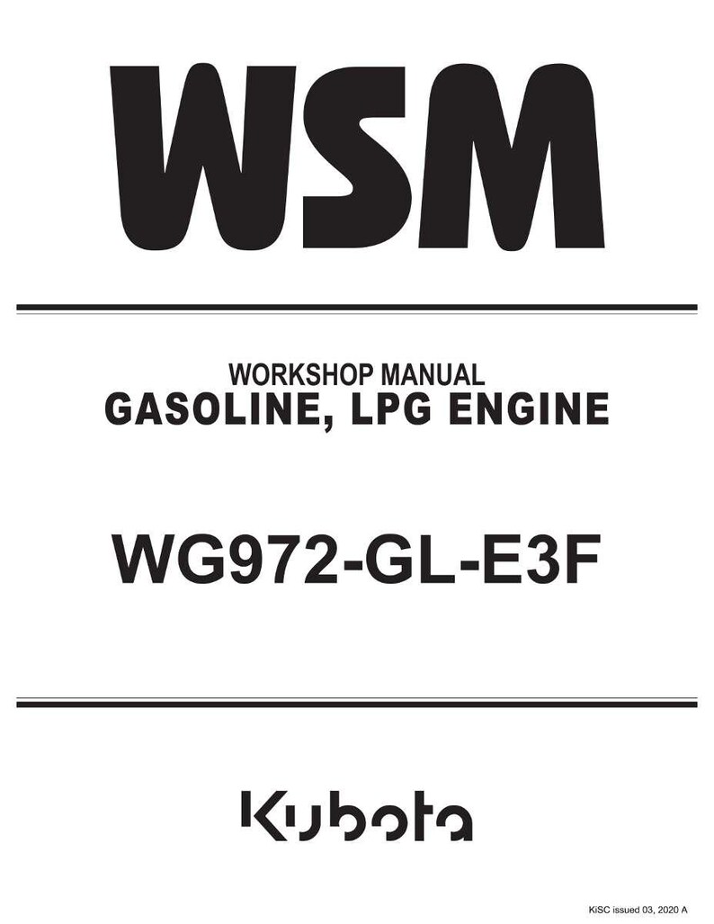 May include: A white document with black text. The top of the document reads "WSM" in bold letters. Below, it says "WORKSHOP MANUAL GASOLINE, LPG ENGINE" and "WG972-GL-E3F". The Kubota logo is at the bottom.