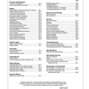 May include: A page from a manual titled "Contents" with a list of topics including safety, assembly, and mower operation. The document includes page numbers and is from Deere & Company.