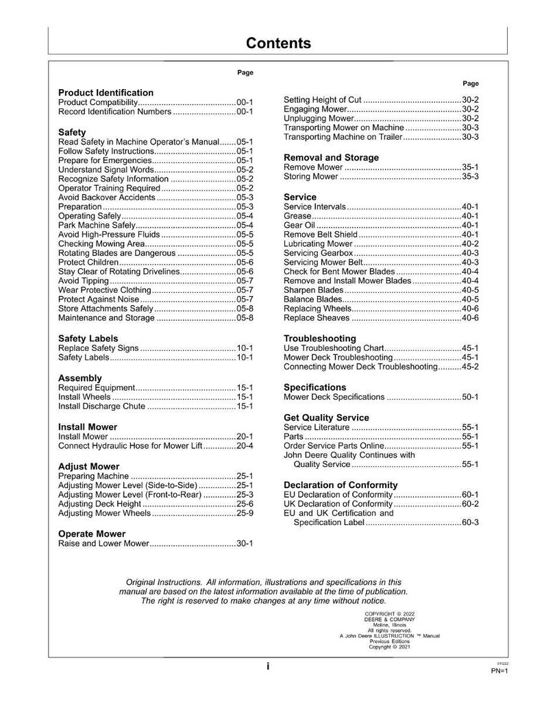 May include: A page from a manual titled "Contents" with a list of topics including safety, assembly, and mower operation. The document includes page numbers and is from Deere & Company.