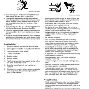 May include: A safety information page with the title "Safety". The page includes warnings about rotating blades and instructions for safe mowing practices, including checking the mowing area and parking safely.