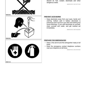 May include: A white informational page with safety instructions. The page includes illustrations and text about discarding fluids, preventing acid burns, and preparing for emergencies. The illustrations include a crossed-out oil can, a person's face, and a first aid kit and fire extinguisher.
