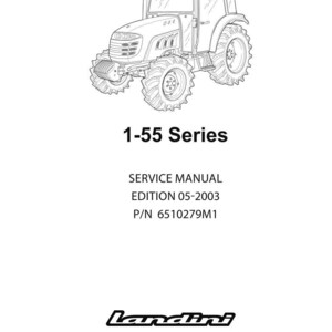May include: Line drawing of a tractor with the text "1-55 Series" above "SERVICE MANUAL EDITION 05-2003 P/N 6510279M1" and the Landini logo. The tractor has large tires and a cab.