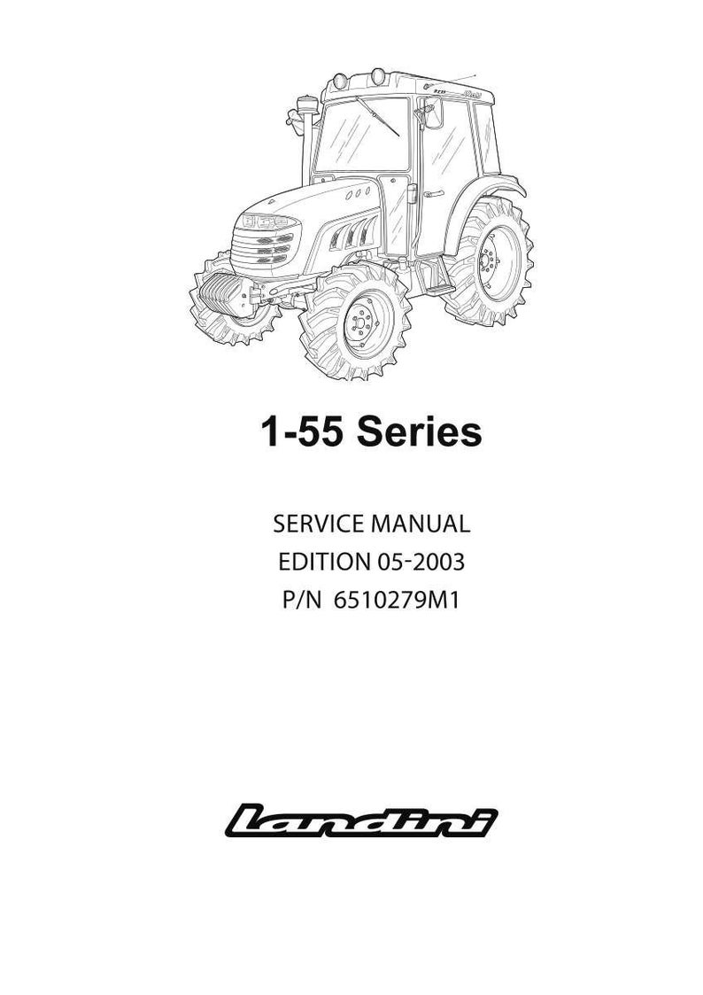May include: Line drawing of a tractor with the text "1-55 Series" above "SERVICE MANUAL EDITION 05-2003 P/N 6510279M1" and the Landini logo. The tractor has large tires and a cab.
