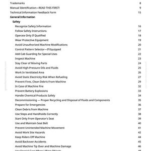 May include: A white page titled "Table of Contents" from a manual. The table lists safety and operational topics, including "Safety," "Prevent Fires," and "Use and Maintain Seat Belt."