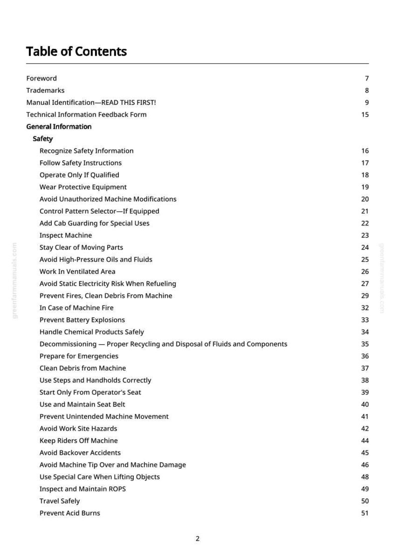 May include: A white page titled "Table of Contents" from a manual. The table lists safety and operational topics, including "Safety," "Prevent Fires," and "Use and Maintain Seat Belt."