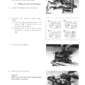 May include: A black and white technical diagram with text detailing the assembly of an alternator. The image includes close-up shots of components and instructions for installation, including tightening screws. The text includes measurements in ft-lb and Nm.