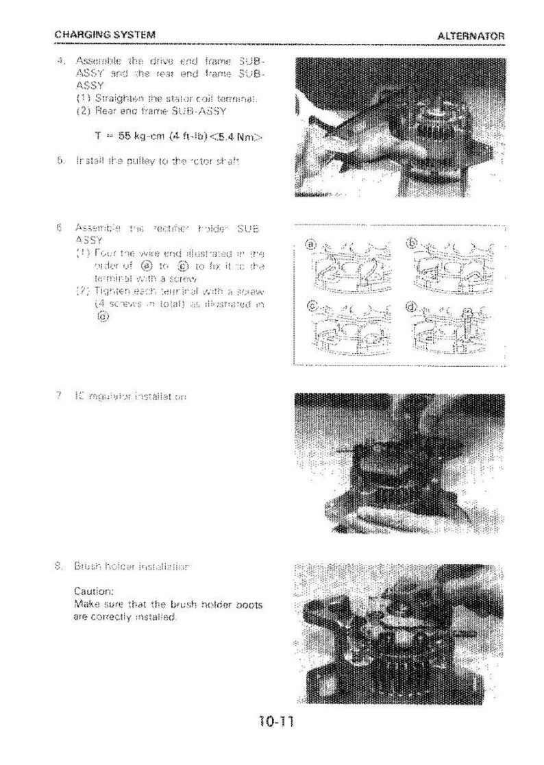May include: A black and white technical diagram with text detailing the assembly of an alternator. The image includes close-up shots of components and instructions for installation, including tightening screws. The text includes measurements in ft-lb and Nm.