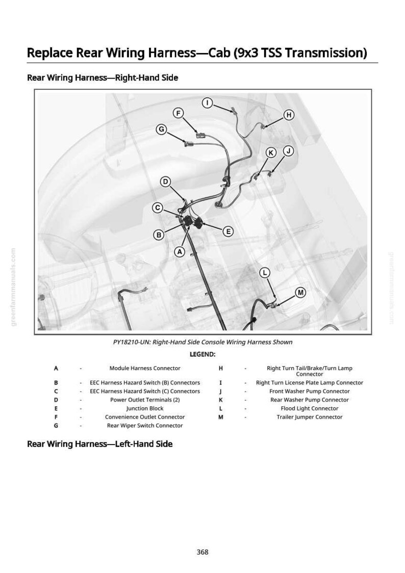 May include: Diagram of a rear wiring harness for a vehicle cab, with labels for various connectors and components. Includes a legend identifying each part, such as the module harness connector and the rear wiper switch connector.