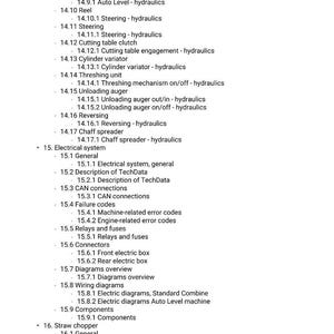 May include: A detailed list of components and systems for a machine, likely agricultural. The text includes sections on hydraulics, electrical systems, and wiring diagrams. The document is organized with numbered headings and subheadings.