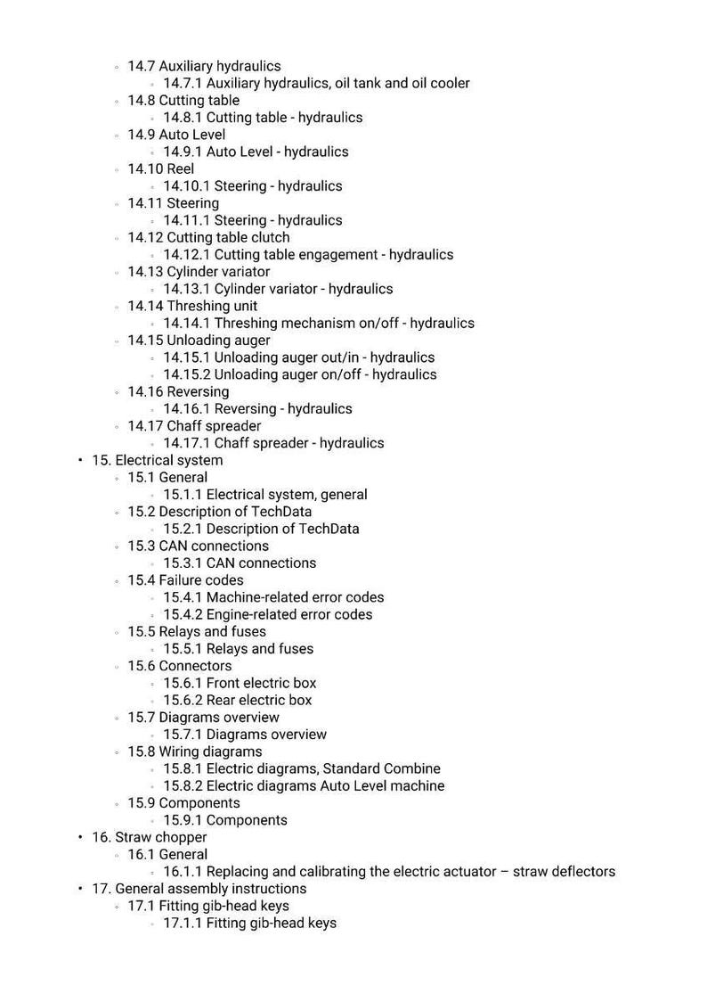 May include: A detailed list of components and systems for a machine, likely agricultural. The text includes sections on hydraulics, electrical systems, and wiring diagrams. The document is organized with numbered headings and subheadings.