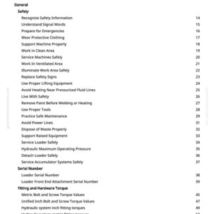 Pode incluir: Uma p&aacute;gina branca intitulada "Tabela de Conte&uacute;dos" com uma lista de t&oacute;picos e n&uacute;meros de p&aacute;gina. Os t&oacute;picos incluem "Seguran&ccedil;a", "N&uacute;mero de S&eacute;rie" e "Torque de Montagem e Hardware". Os n&uacute;meros de p&aacute;gina est&atilde;o no lado direito da p&aacute;gina.