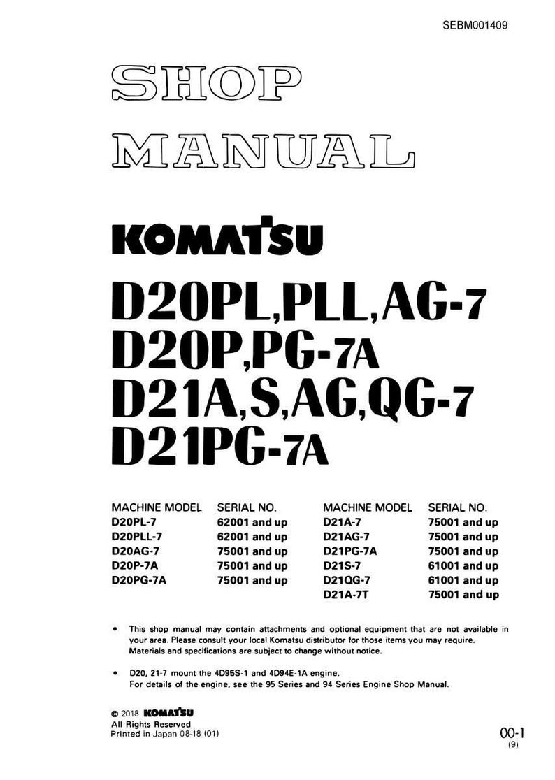 May include: A white shop manual with the title "SHOP MANUAL" and the brand name "KOMATSU" in bold black letters. The manual lists various machine models and serial numbers, including D20PL-7, D20PLL-7, and D21A-7.