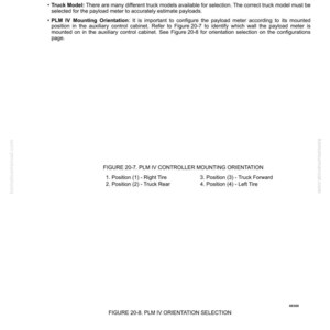 May include: A technical document page with text and diagrams. The document includes instructions for configuring a payload meter, including mounting orientation and truck model selection. The text includes the password "Kac2300" and references to figures 20-7 and 20-8.