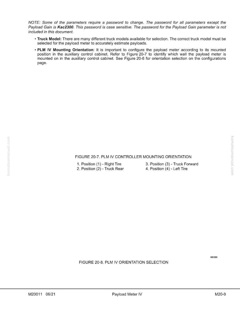 May include: A technical document page with text and diagrams. The document includes instructions for configuring a payload meter, including mounting orientation and truck model selection. The text includes the password "Kac2300" and references to figures 20-7 and 20-8.