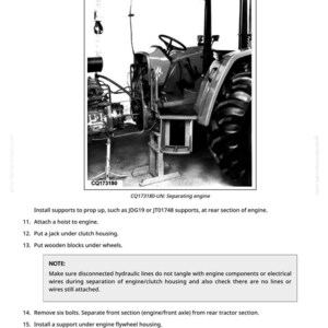 May include: A black and white image of a tractor being worked on. The engine is separated from the tractor. The text "CQ173180-UN: Separating engine" is visible.