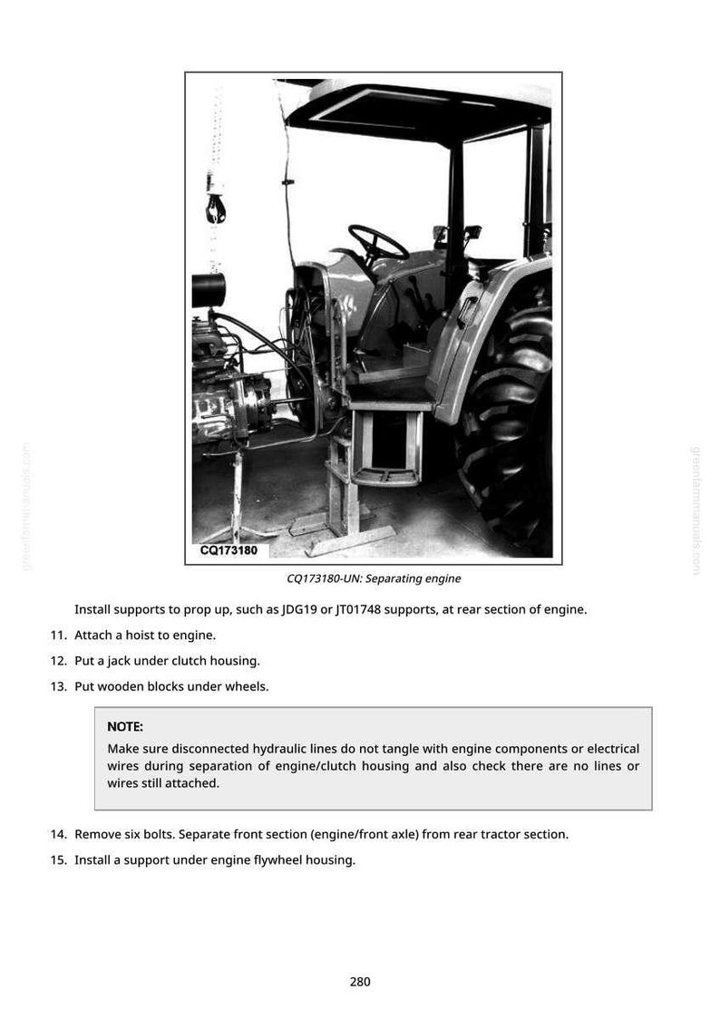 May include: A black and white image of a tractor being worked on. The engine is separated from the tractor. The text "CQ173180-UN: Separating engine" is visible.
