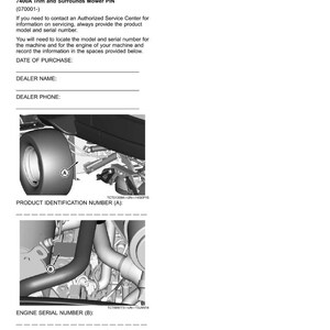 May include: Product identification document with sections for recording mower model and serial numbers. Includes diagrams of mower parts labeled A and B, and spaces for purchase date, dealer name, and phone.