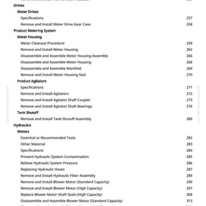 Peut inclure: Une page de manuel avec une table des mati&egrave;res. Le texte comprend des sections sur les batteries, les entra&icirc;nements, le bo&icirc;tier du compteur, les agitateurs, l'arr&ecirc;t du r&eacute;servoir, l'hydraulique et les moteurs. Les num&eacute;ros de page sont list&eacute;s.