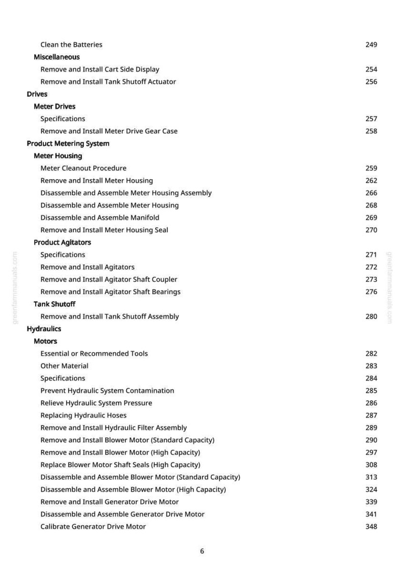 Peut inclure: Une page de manuel avec une table des mati&egrave;res. Le texte comprend des sections sur les batteries, les entra&icirc;nements, le bo&icirc;tier du compteur, les agitateurs, l'arr&ecirc;t du r&eacute;servoir, l'hydraulique et les moteurs. Les num&eacute;ros de page sont list&eacute;s.