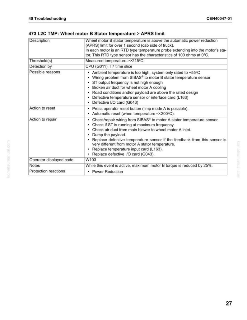 May include: A troubleshooting guide page with the title "473 L2C TMP: Wheel motor B Stator temperature > APRS limit." The document includes a description, thresholds, possible reasons, and actions for reset and repair. The page also includes an operator displayed code and notes.