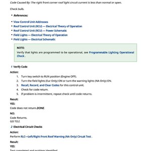 May include: A technical document titled "Front Corner Roof Light Right Current Low." It provides diagnostic steps and results for automotive electrical systems. The text is in black font, with references and notes.