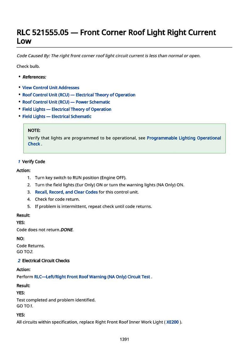 May include: A technical document titled "Front Corner Roof Light Right Current Low." It provides diagnostic steps and results for automotive electrical systems. The text is in black font, with references and notes.