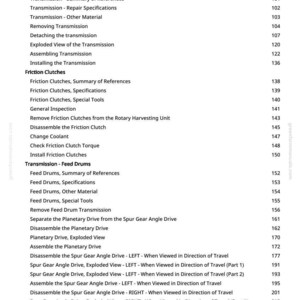 May include: A page from a manual with a table of contents. The text includes terms like "Transmission," "Friction Clutches," and "Feed Drums." Page numbers are listed on the right side. The document appears to be a technical guide.