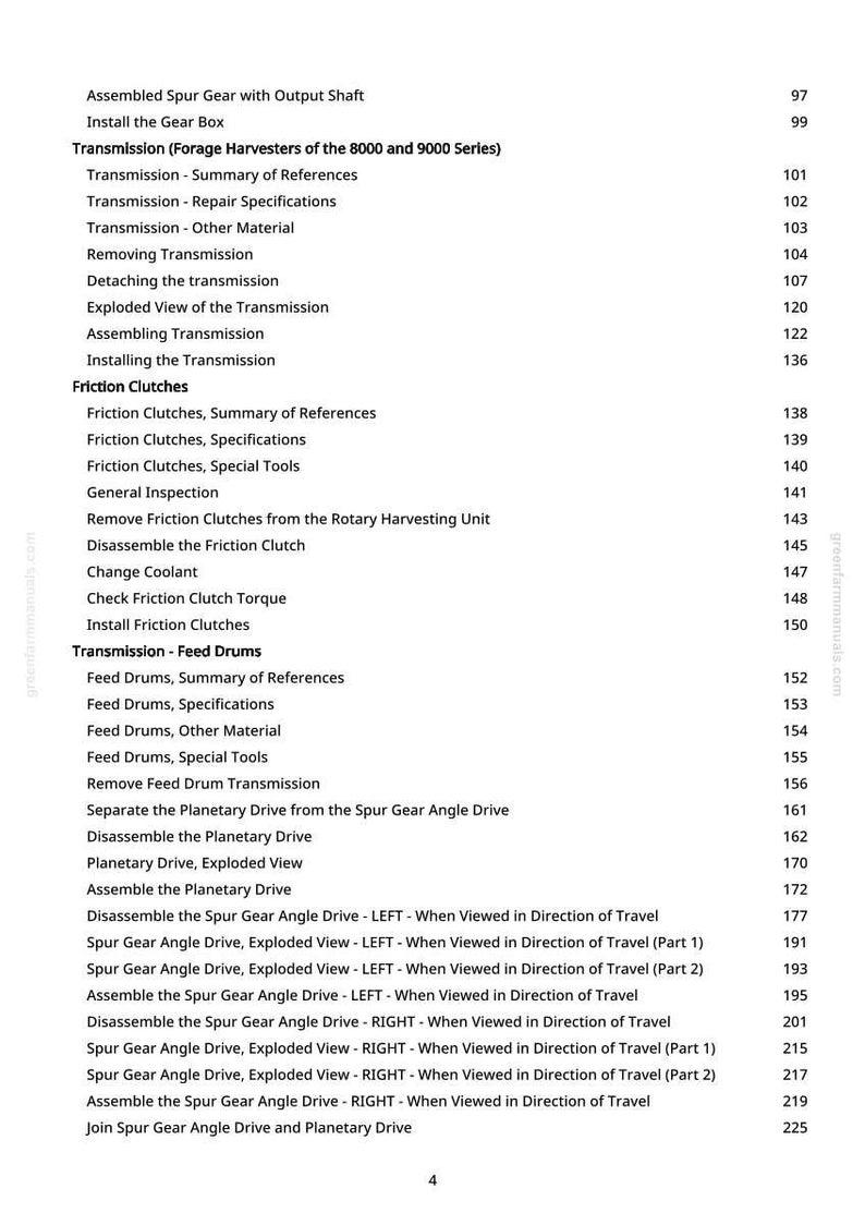 May include: A page from a manual with a table of contents. The text includes terms like "Transmission," "Friction Clutches," and "Feed Drums." Page numbers are listed on the right side. The document appears to be a technical guide.