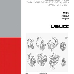 May include: A white catalog cover with the Weidemann logo and text in English, French, and German. The catalog is titled "Spare Parts List" and features illustrations of various engine components. The "Deutz" logo is also visible.